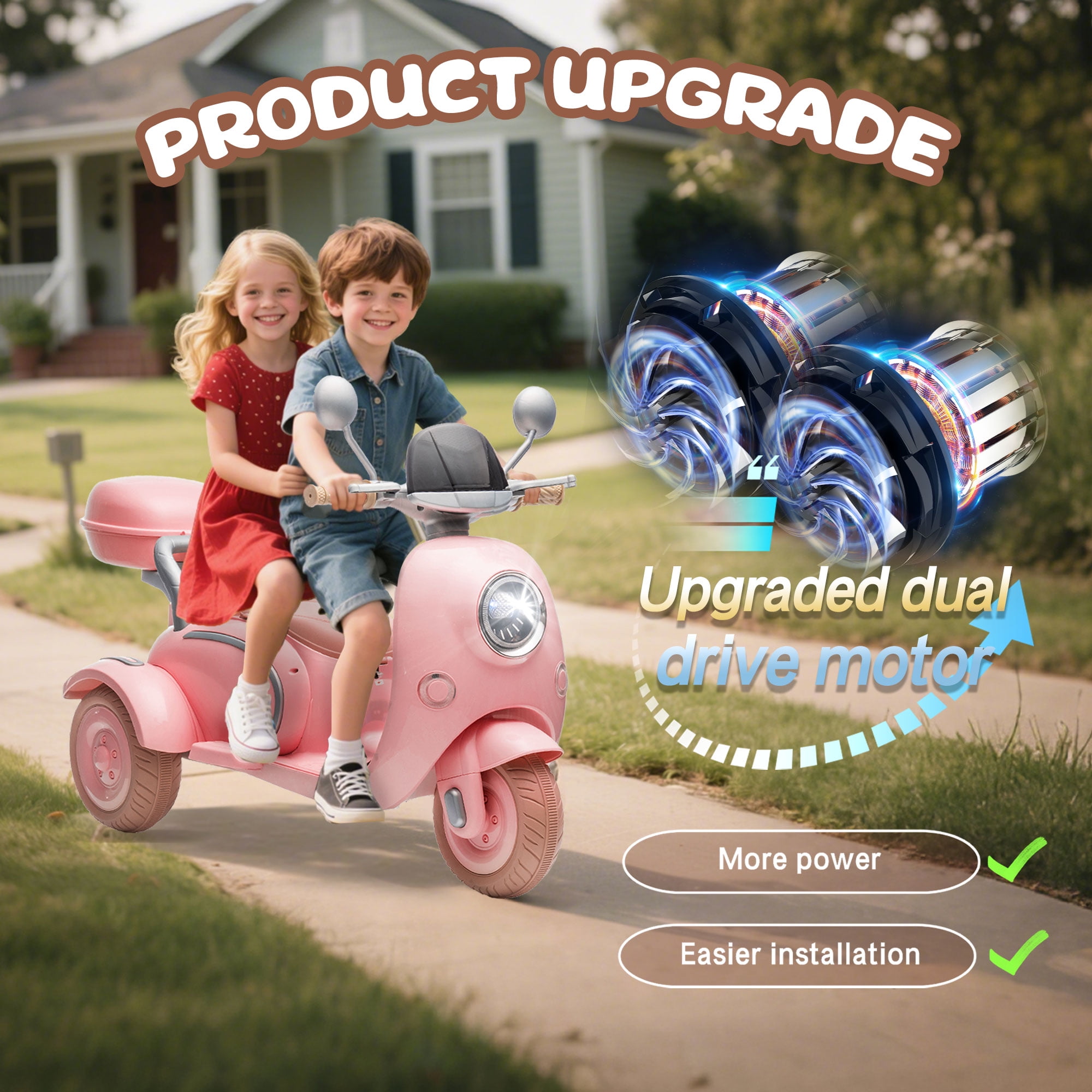 Xuanlur Upgrade 12V 2 Seater Dual Motor Kids Motorcycle, Girls Ride on Toys with Storage Compartments, Slow Start, USB, Bluetooth, Motorcycle for Kids Aged 3+(Pink)