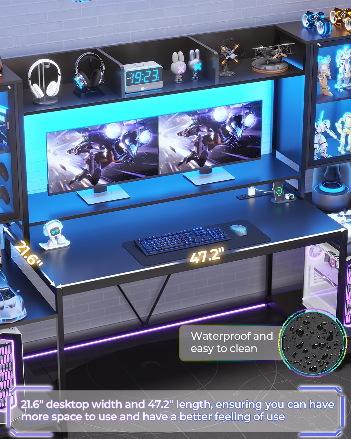 74.8" Gaming Desk with LED Lights, Hutch and Storage Shelves, Ergonomic Computer Desk with Monitor Stand, Large PC Gamer Desk Workstation for Bedroom, Living Room, Black