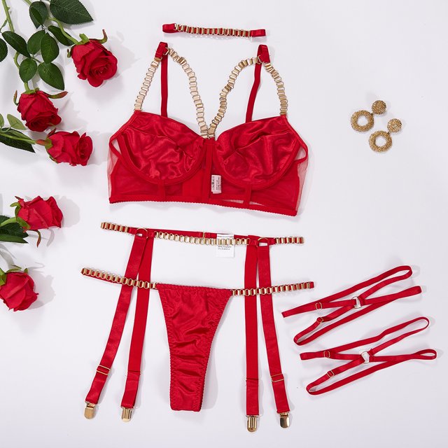 2023 ropa interior sexy europea y americana cadena de metal sexy traje de tres piezas rojo L LingWen 1327537339106