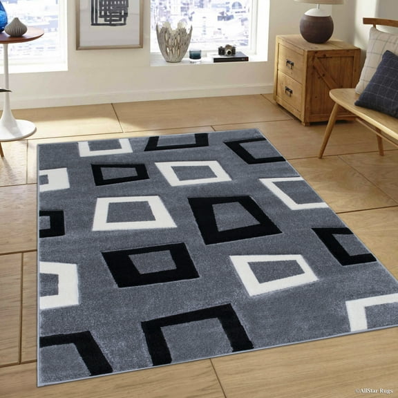 Allstar Grey Modern Geometric square Black and White design Area Rug (3' 9" x 5' 1")