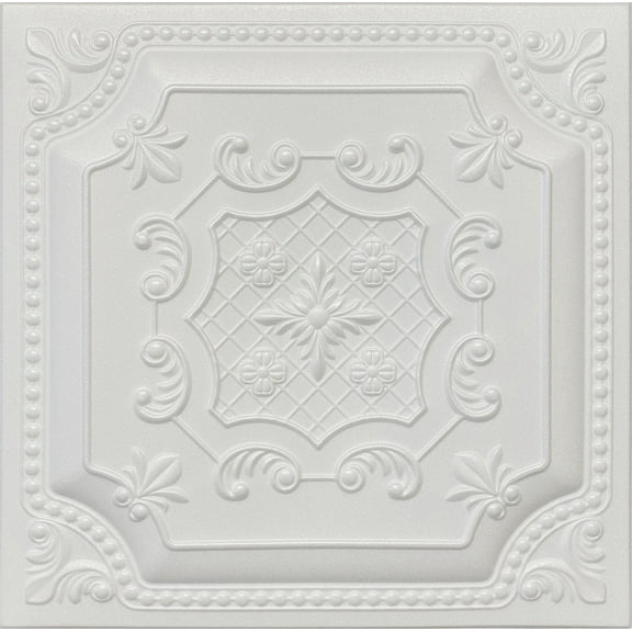 20x20 Styrofoam Ceiling Tiles Glue-Up Decorative Panels for Easy DIY Install, Home & Basement Renovation. R52 Embossed Floral, Plain White, Lot/8