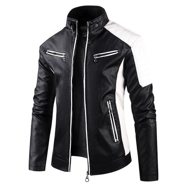 Chaqueta de cuero con cuello de color Chaqueta de moto Chaqueta de cuero fina informal de primavera y otoño para hombre