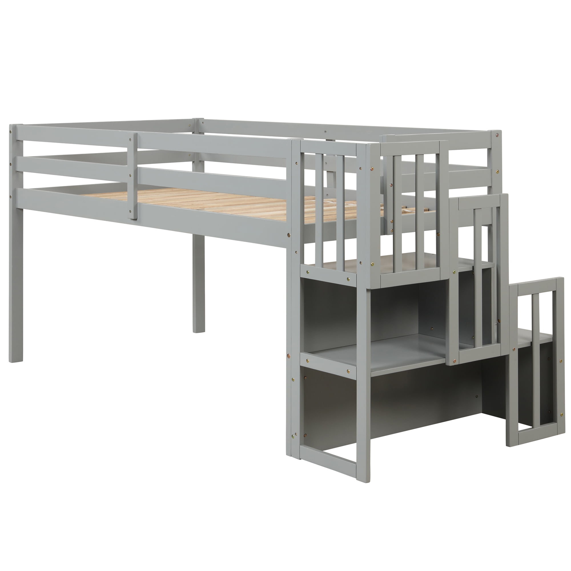 Gewnee Wood Twin Low Loft Bed with Storage Staircase and Safety Guardrails for Kids,Gray