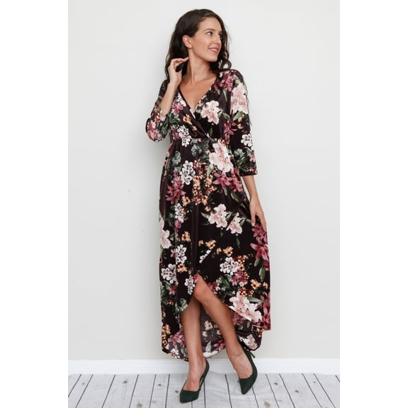 Velvet Brown Plum Floral 3/4 Sleeve Surplice Tulip Hem Maxi Dress