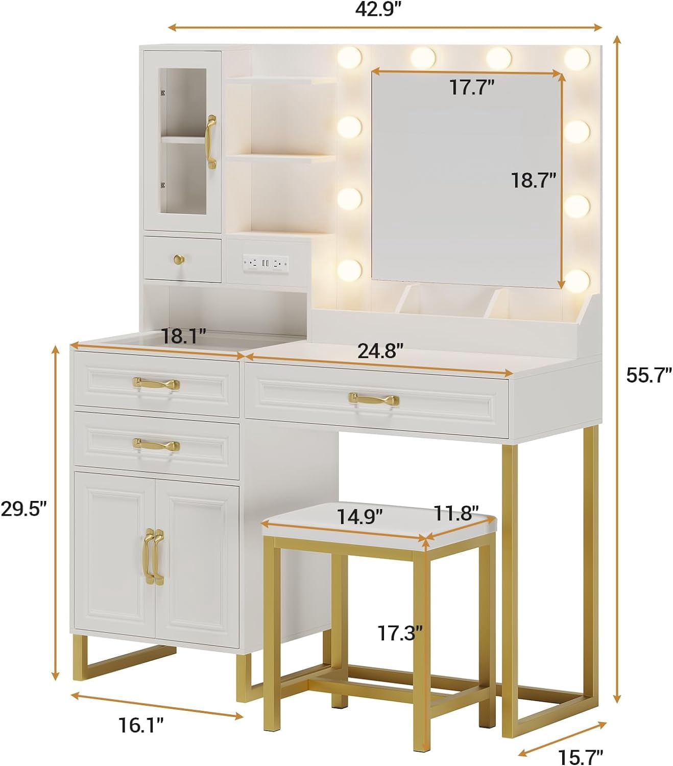 Vanity Desk Set with LED Lights Mirror and Charging Station & Makeup Stool, 3 Light Mode, Glass Top Drawer & Double Doors Cabinet Vanity Desk for Bedroom,White