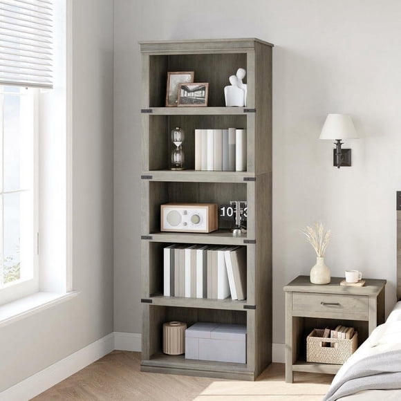 5 Tier Bookcase, Storage Shelving Unit with Open Display Shelves & Compartments, Freestanding Wooden Rustic Farmhouse Bookshelf for Living Room, Home Office, Bedroom & Study - Grey