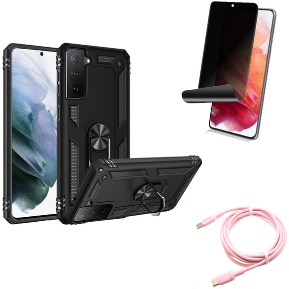 Privacy Screen Protector & Hybrid Case Cover & Pink 10ft Long Cable for Samsung Galaxy S22 (6.1") - TPU Film Fingerprint Works & Metal Ring Kickstand & USB-C to Type-C PD Fast Accessory Bundle