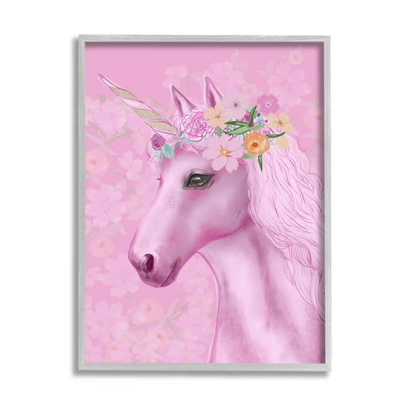 Stupell Industries Floral Pattern Pink Unicorn Adorable Mythical Creature Kids Painting Gray framed Art Print Wall Art, 24 x 30, Design by JunCo. Studio