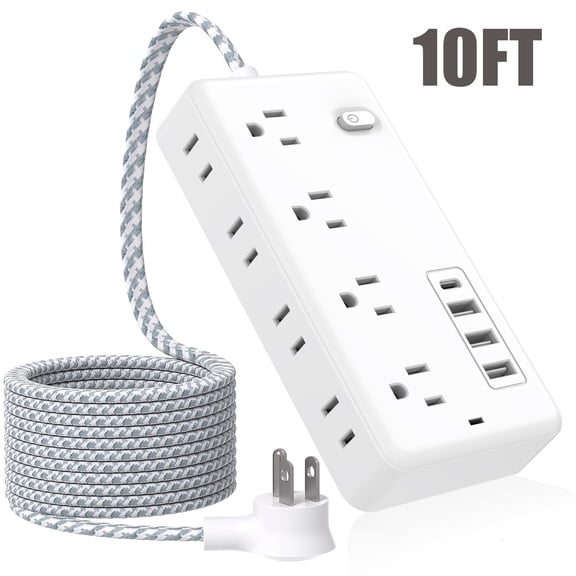 8 Outlets Power Strip with 3 USB Ports/1 Type-C Surge & Lightning Protection Fast Charging & Space-Saving Upgraded braided thread for greater stability 10FT