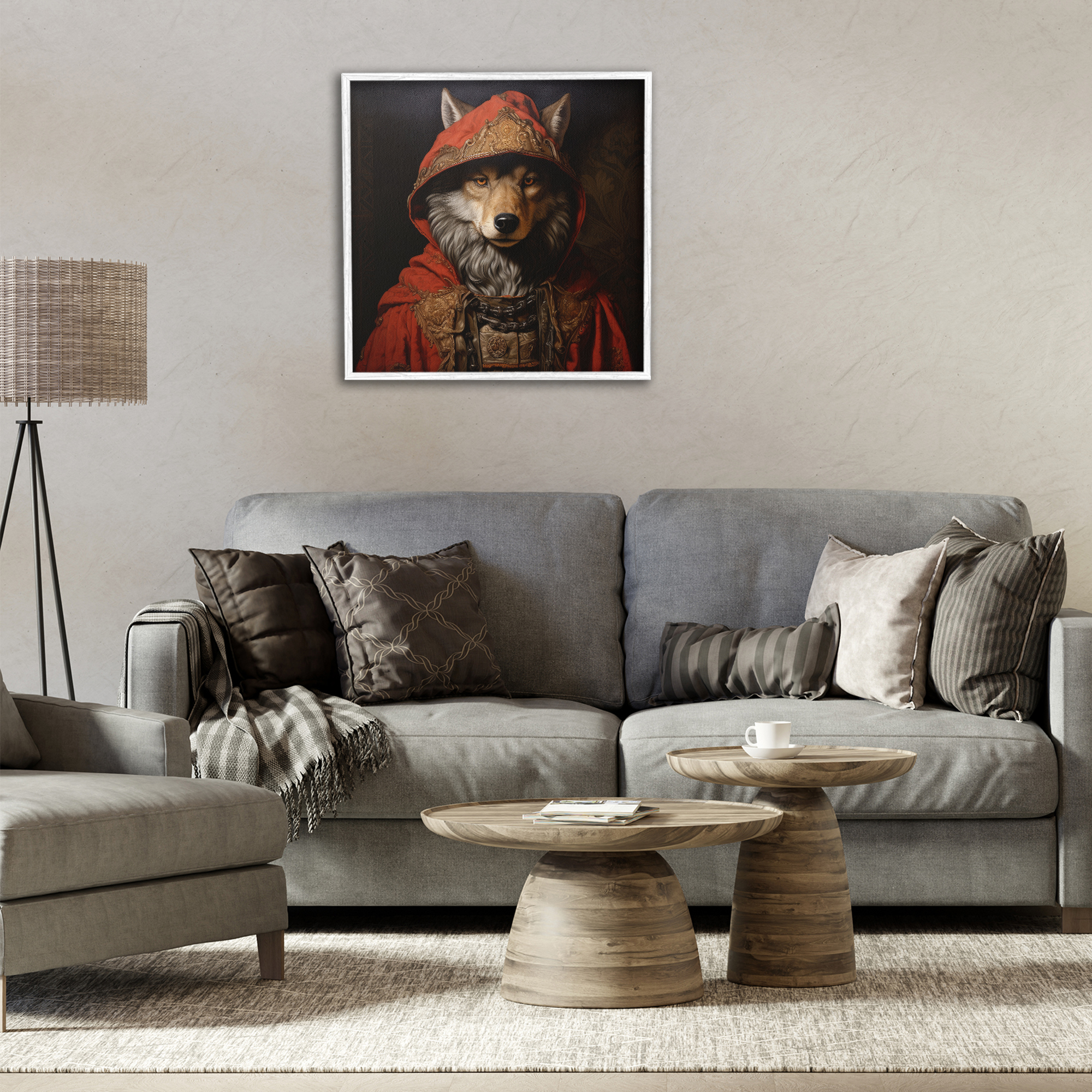 Stupell Industries Wolf with Red Cloak Animals & Insects Painting White Framed Art Print Wall Art, 24 x 24
