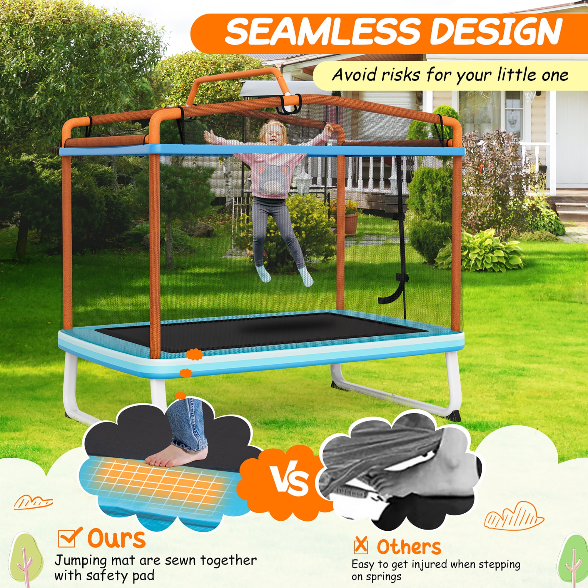 Gymax 3-in-1 6FT Rectangle Kids Trampoline w/ Swing Horizontal Bar & Safety Net Outdoor Orange