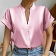 thumbnail image 4 of RYRJJ Silk Button Down Shirts for Women Satin Short Sleeve V Neck Casual Work Office Blouse Tunic Tops Summer Fashion Clothes(Pink,L), 4 of 8