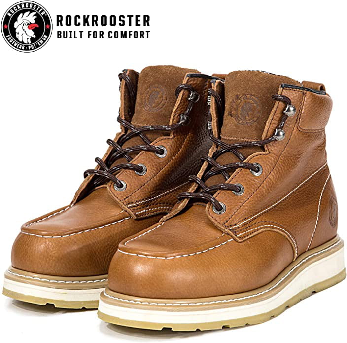 Rockrooster Men's SureTrack 6 Full Grain Leather Soft Toe Moc Toe Lace Up Work Boots Brown 