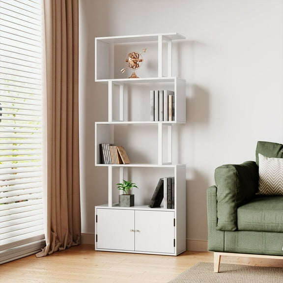 JESONVID S Shaped Bookshelf 5-Tier Z-Shaped Display Shelf and Bookcase Industrial Modern Normcore Freestanding Decorative Storage Bookshelves Shelving for Home Office White