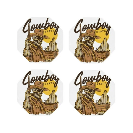 

Honeii Skull Cowboy Print Leather Coaster Set of 4 Ideal for Safeguarding Your Furniture from Drinks Spills and Effortless Cleanup-Octagon