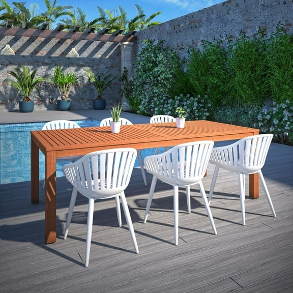 Amazonia Paraty 7-Piece Patio Dining Table Set | Eucalyptus Wood & Aluminium| Ideal for Outdoors and Indoors, White