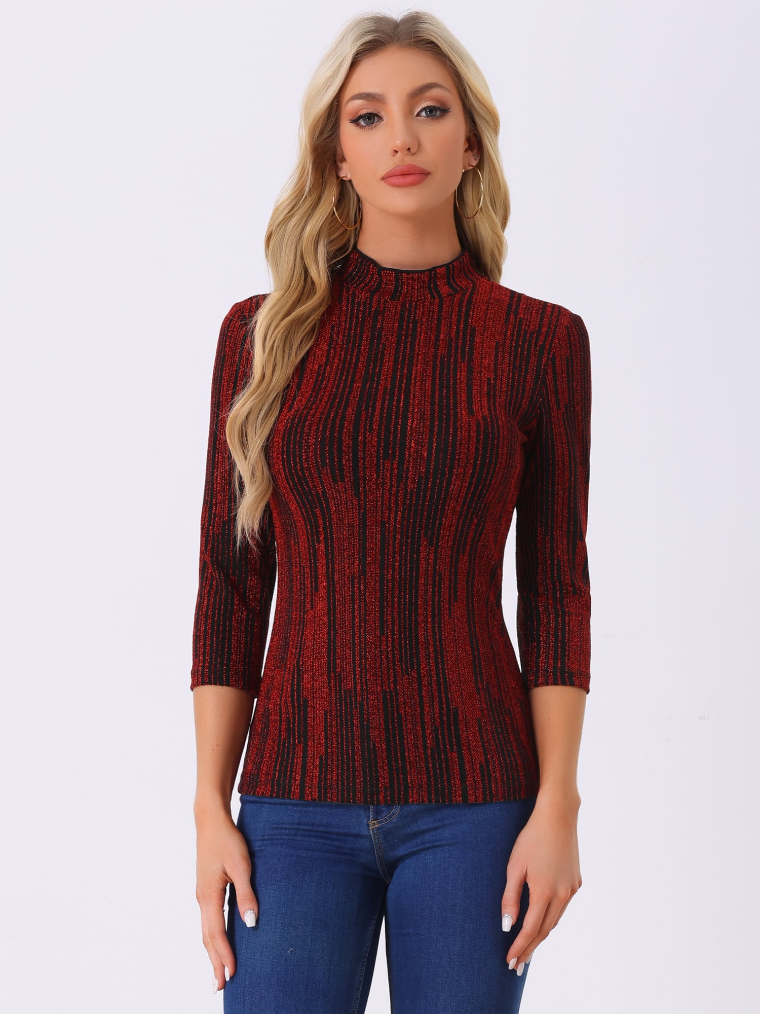 DARING DIVA Party Glitter Shiny Striped Metallic Top L Red