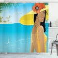 thumbnail image 1 of Beach Shower Curtain, Portrait of a Young Woman in Yellow Hat with Poppies on Tropical Sea Coast in Summer, Fabric Bathroom Set with Hooks, 69W X 84L Inches Extra Long, Multicolor, by Ambesonne, 1 of 3