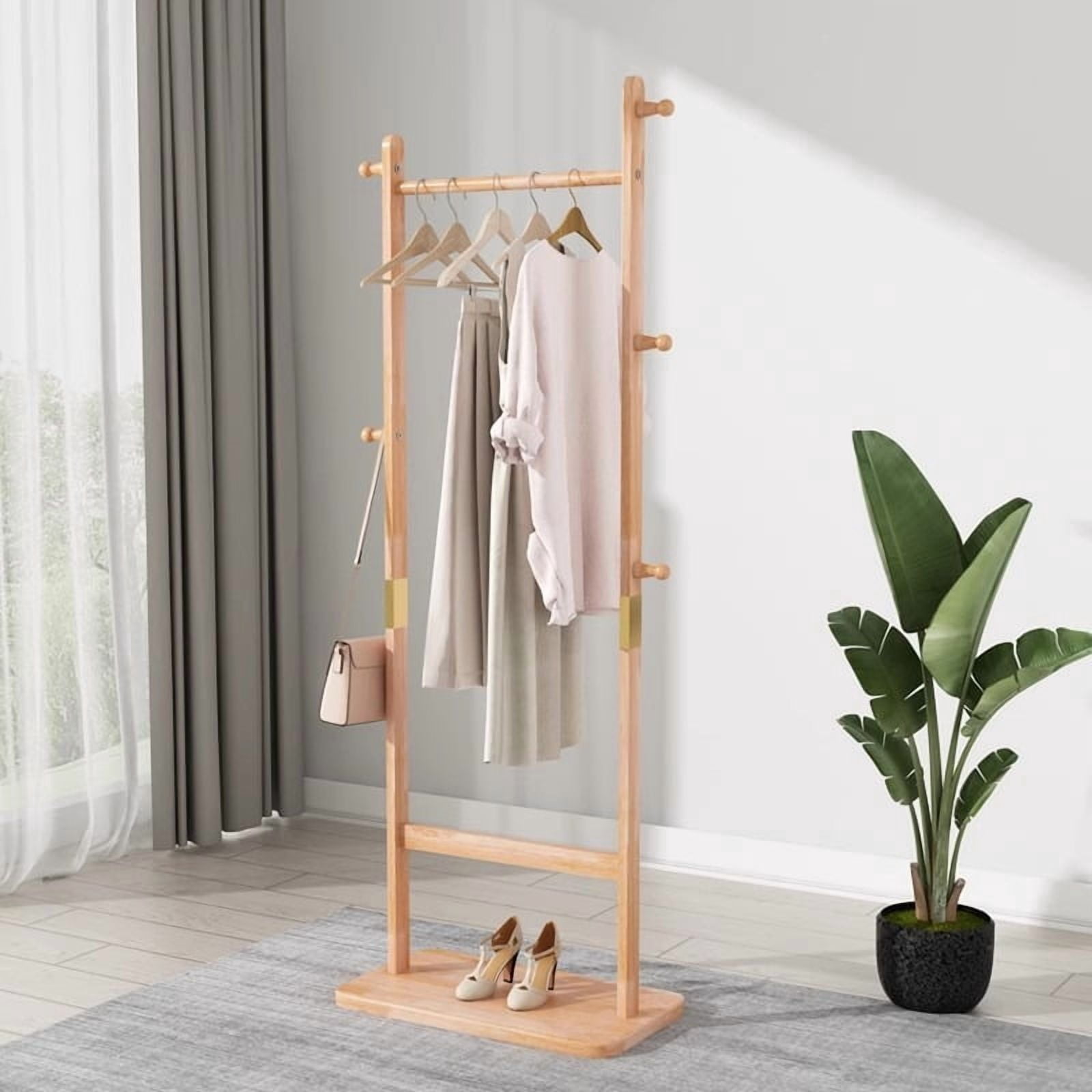 Garitin Coat Rack and Hall Tree 71 Inch, Solid Wood Freestanding Stand with Hooks and Hat Shelf for Entryway Living Room Bedroom, Natural Rubber Wood