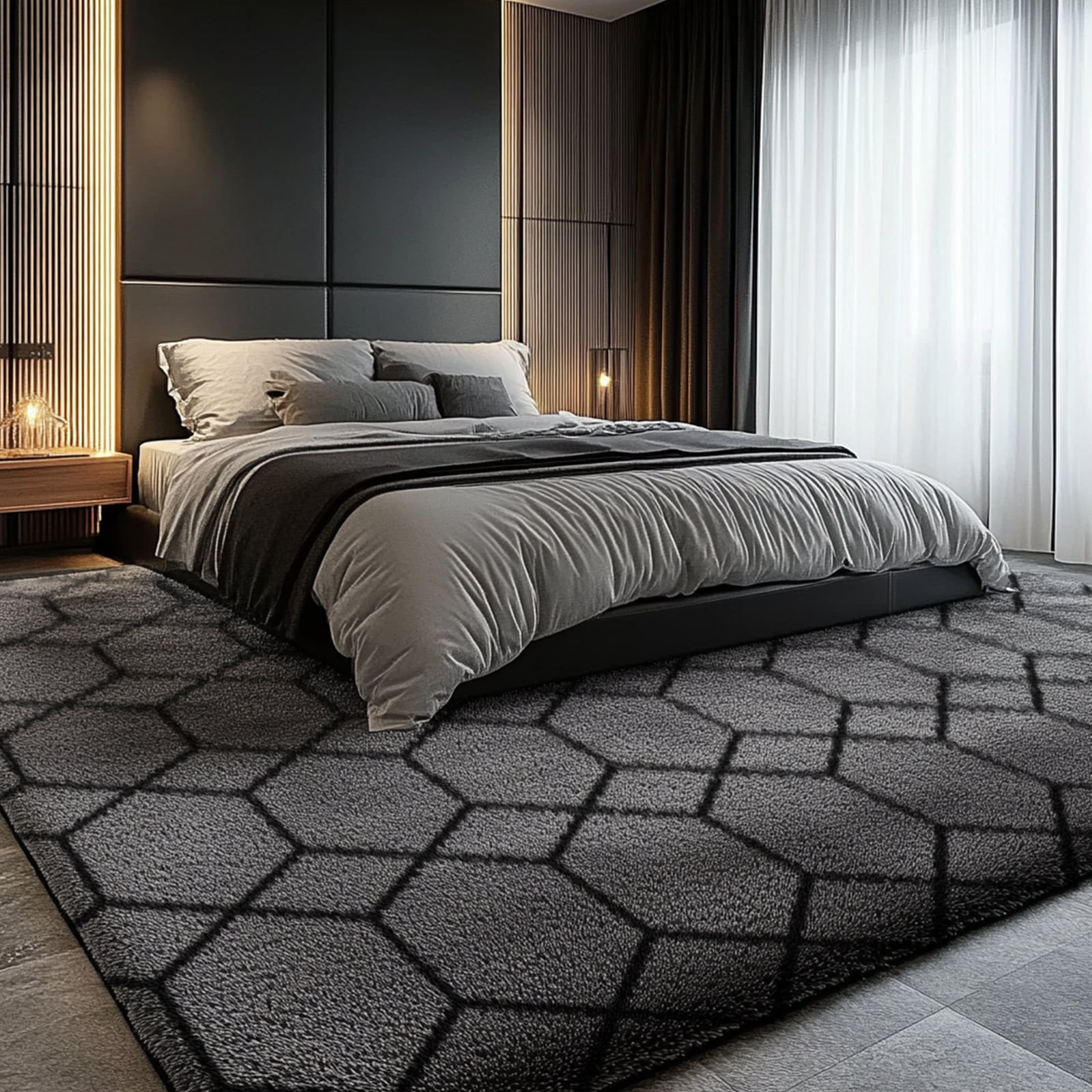 Pentantan 8ft x 10ft Shag Area Rugs for Living Room, Modern Geometric Fluffy Bedroom Carpet, Black & Gray