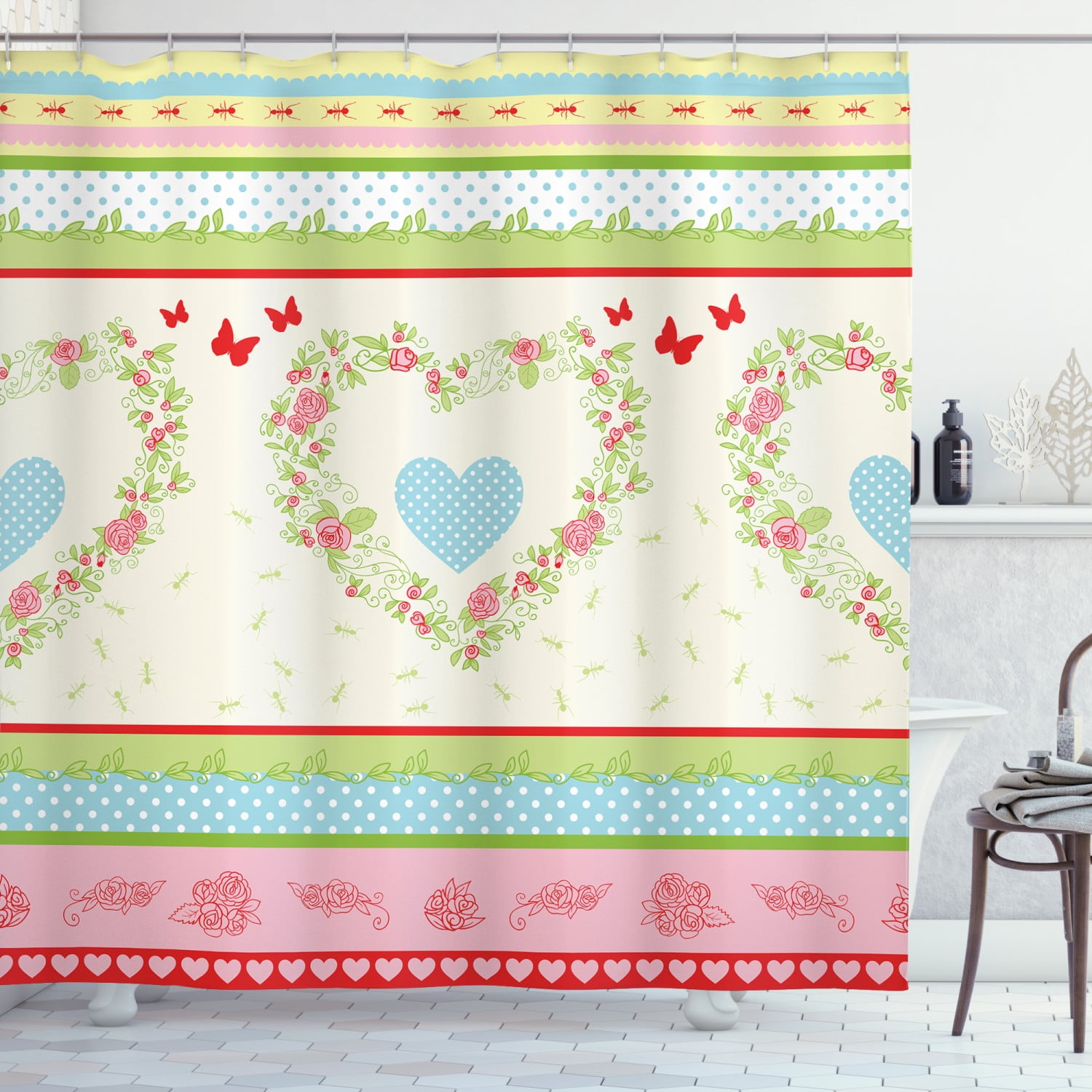 Shabby Chic Shower Curtain, Country Style Roses and Borders Butterflies