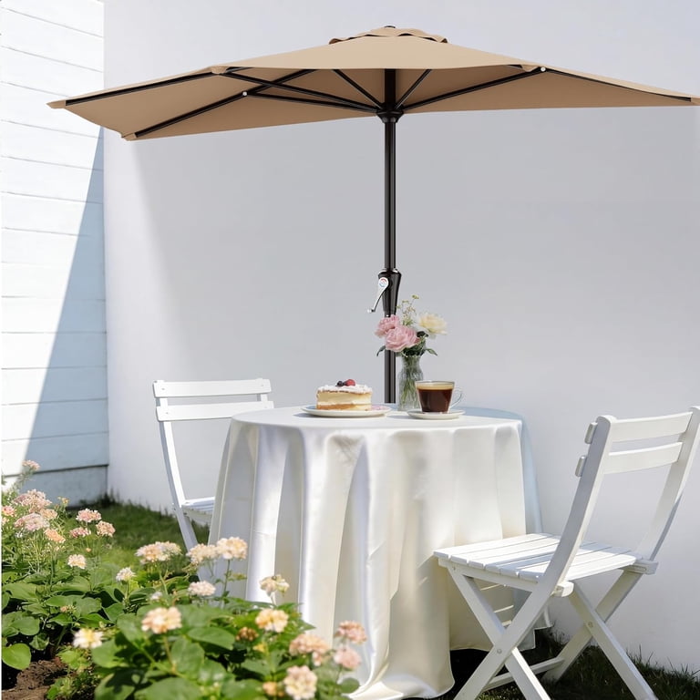 half patio umbrella with lights HOMSHADE 10FT Solar LED Cantilever Base Included, Beige this umbrella includes a base and offers water 9ft Patio Half Umbrellas with