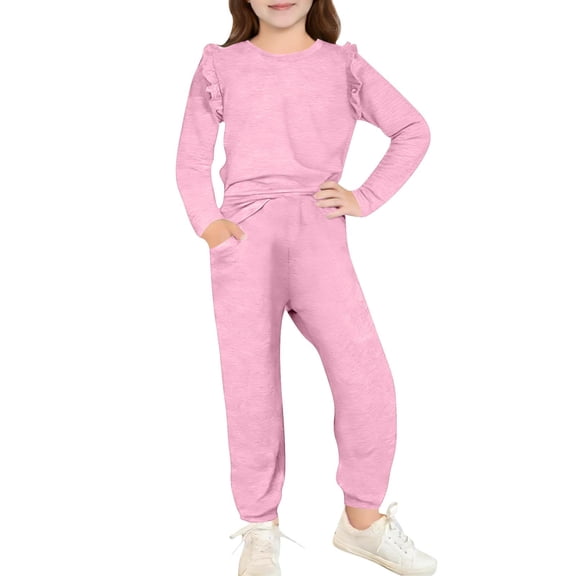 ZOYOEN Girls Ruffle Outfits Set- Casual Long Sleeve Cute Fashion Tops and Pants Kids Spring Fall Clothes Pink Size 4-12 Years