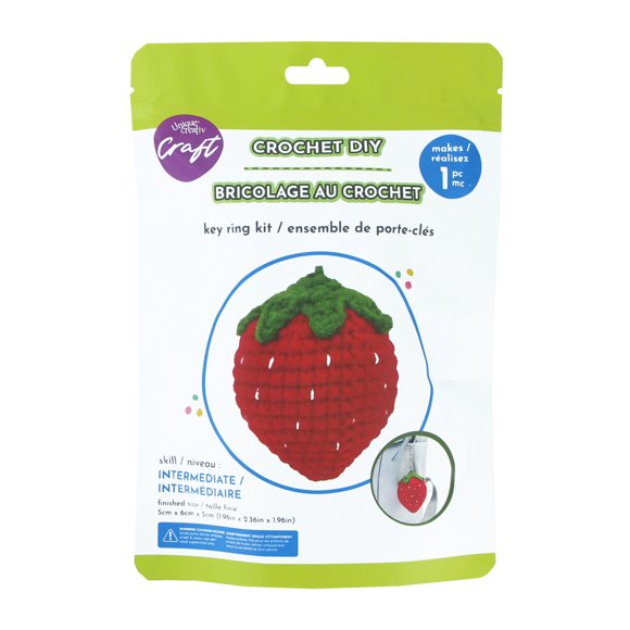 UNIQUE CREATIV CRAFT Crochet Key Ring Kit – Strawberry, 1 pc, Age 8+, Intermediate, 5×6 cm