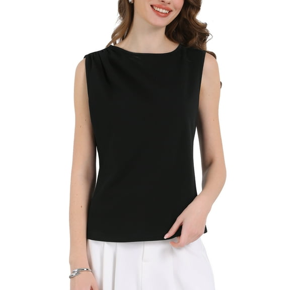 INSPIRE CHIC Women's Casual Sleeveless Round Neck with Ruched Shoulders Blouse S Black