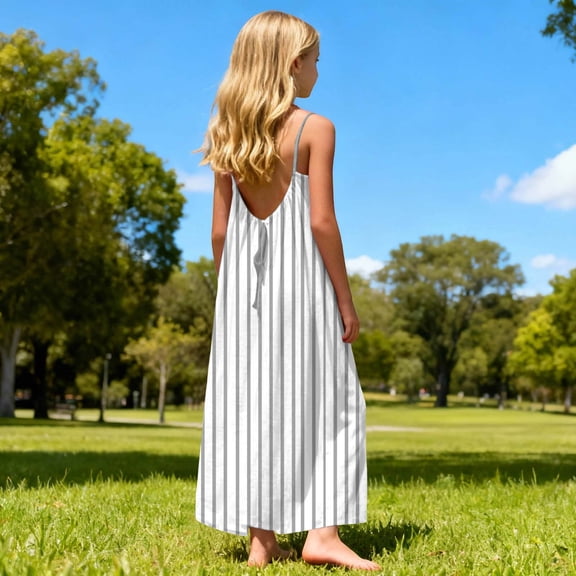 Danhjin Striped Dress for Kids Girls Backless Casual Summer Outdoor Cute Lightweight Long Dress with Back Adjustable Ties Spaghetti Straps Flowy Beach Sun Spring Fashion Outfit, for 5 to 13 Years