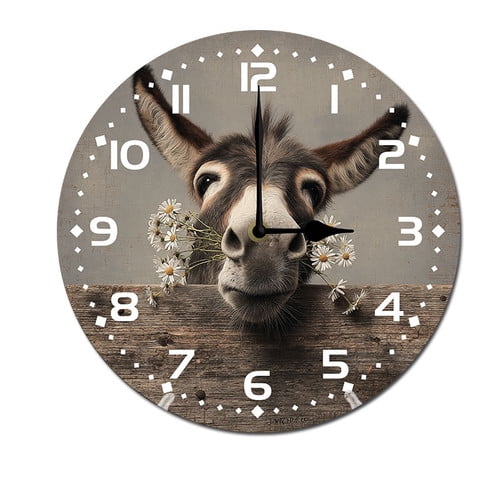 ZXCXRQFa Donkey Flowers Round Wall Clock Daisy Silent Non Ticking Wooden Wall Clocks Battery Operated for Home Office School Decor,10 Inch