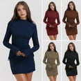 thumbnail image 2 of Fall Spring Women Dress Sheath Slim Fit Stand Collar Fake Pocket Decor Solid Color Long Sleeves Dating Shopping Commuting Mini Dress, 2 of 8