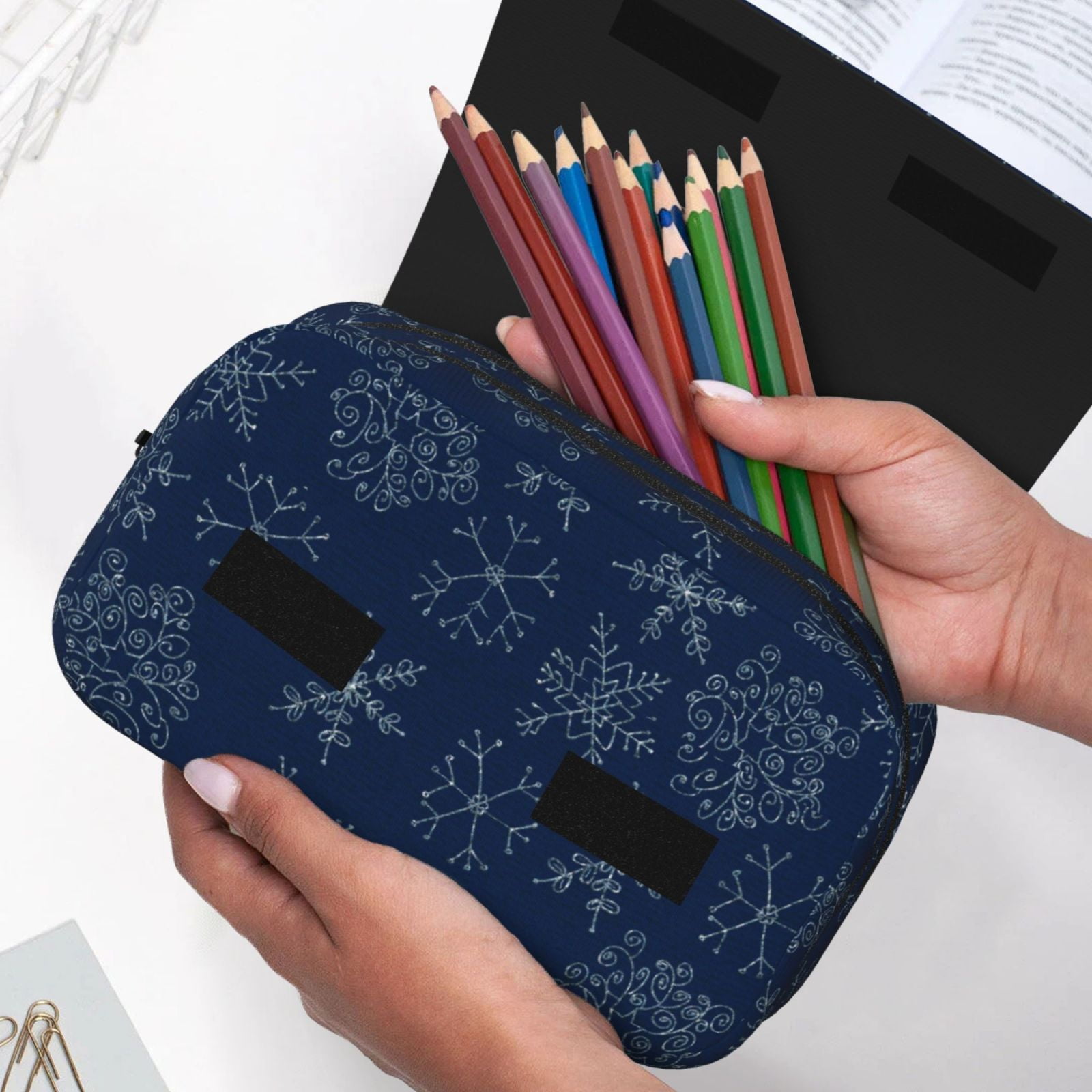 Rateoe Snowflake Dark Blue Pattern Double Clamshell Pen Case, Storage Organizer with Two Zipper Compartments– Holds Up to 50 Pencils & Pens