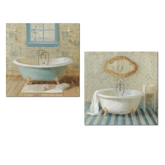 Blue and Off-White Clawfoot Bathtub Victorian Adult Decor; 2 - 12" x 12" Unframed Posters