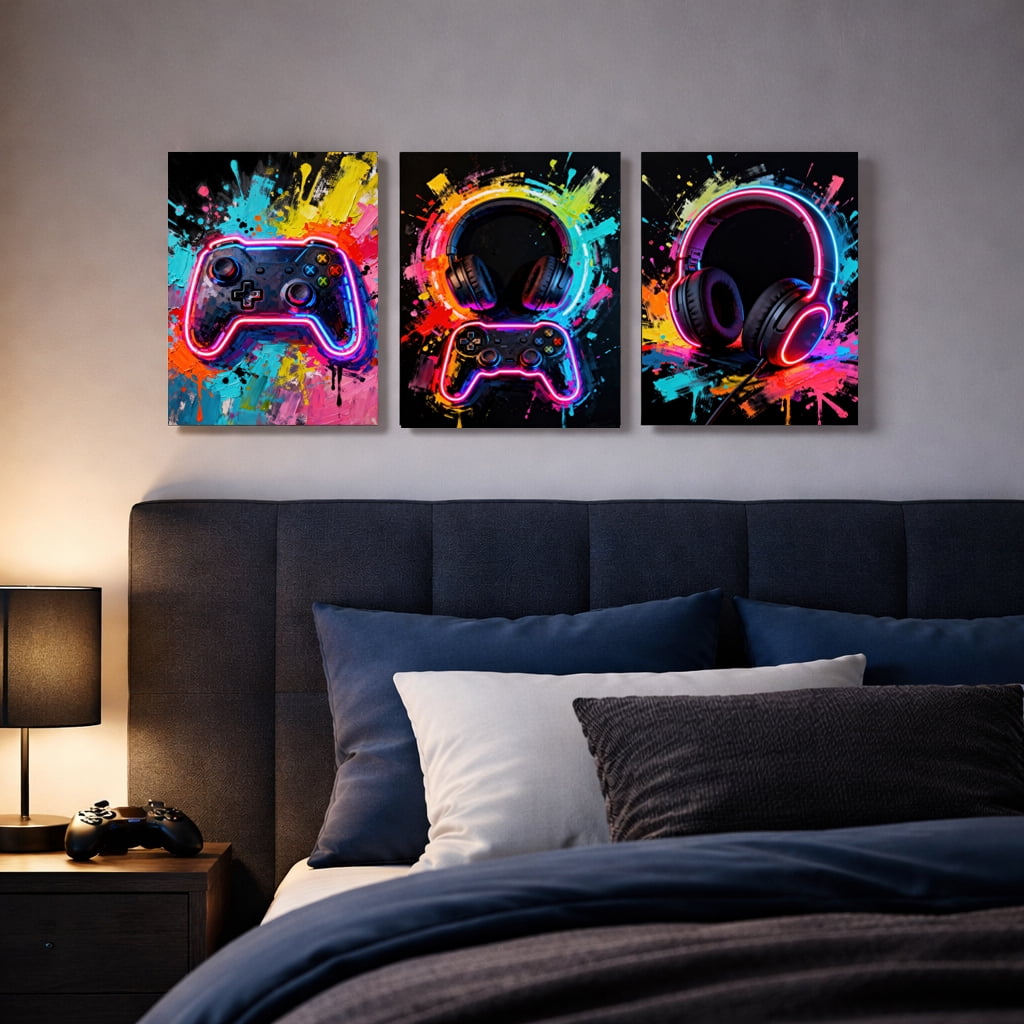 Artiluxy Neon Style Controller and Headset Prints Gaming 12x16 Painting Canvas Art Prints Set of 3