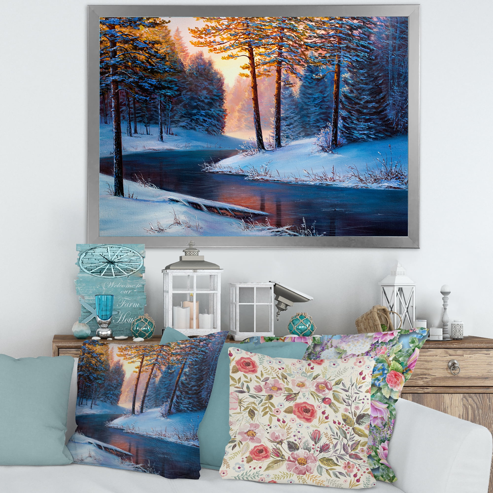 Designart 'Morning Glow Through The Christmas Forest By The River' Lake House Framed Art Print