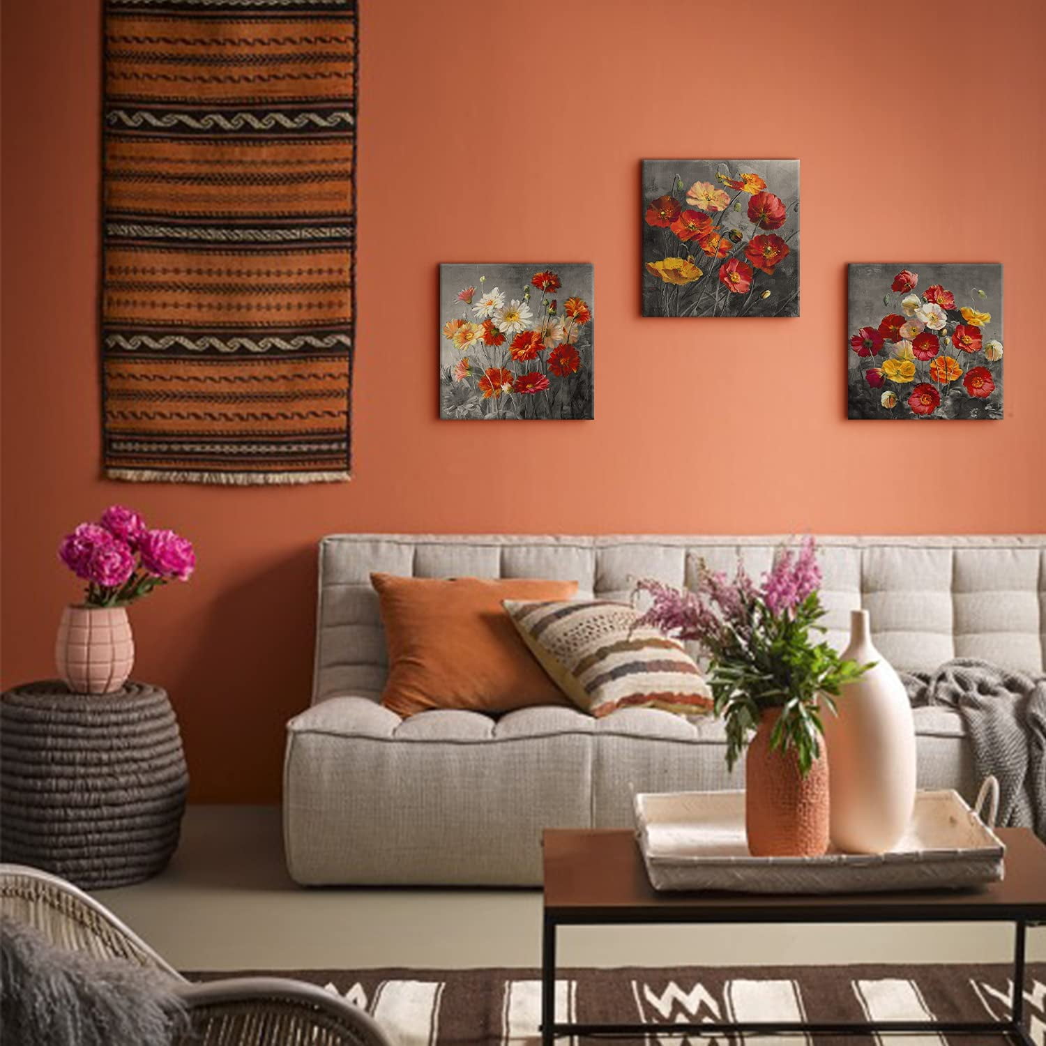 Daisiy Flower Wall Art Orange Floral Pictures Bathroom Wall Decor Red Poppy Canvas Prints for Living Room 16x16"x 3Pcs Modern Colorful Still Life Paintings Stretched and Framed Artwork Home Decoration