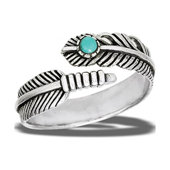 Simulated Turquoise Feather Spoon Ring .925 Sterling Silver Band Blue CZ Jewelry Female Size 9