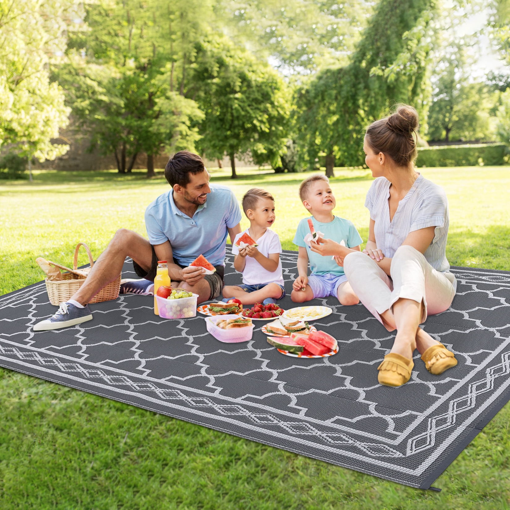 Twister.CK Outdoor Rug 10x14ft Waterproof for Patios, Plastic Straw Rug Camping Carpet Mats for Picnic, Backyard, Deck, Balcony, Porch, Beach, Gray & White
