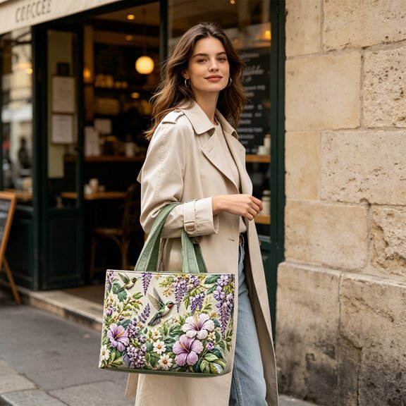 Quilted Hummingbird Floral Tote Bag 43x40cm,Embossed Flower Bird Print Handbag,Large Capacity Reusable Shoulder Purse for Shopping Travel Daily Outdoor Use