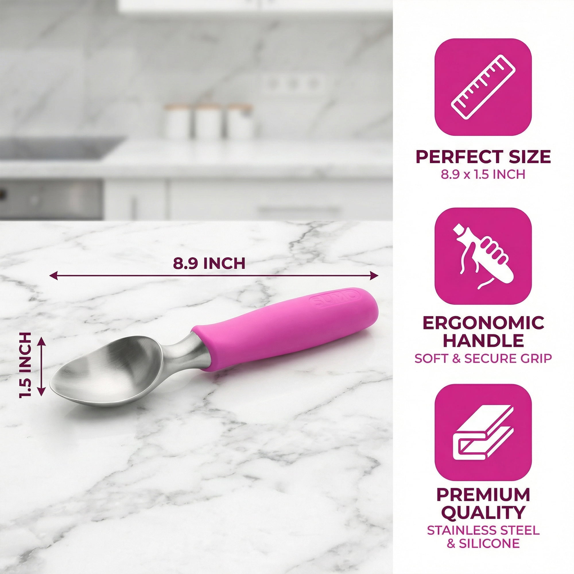 Unique Bargains Stainless Steel Ice Cream Scoop for Easy Use and Clean Pink 8.9in