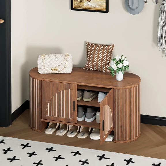 JEJEGORICH 40 in Shoe Storage Bench, 2-Tier Entryway Bench with Doors and Adjustable Shelf, Wooden Shoe Cabinet Organizer