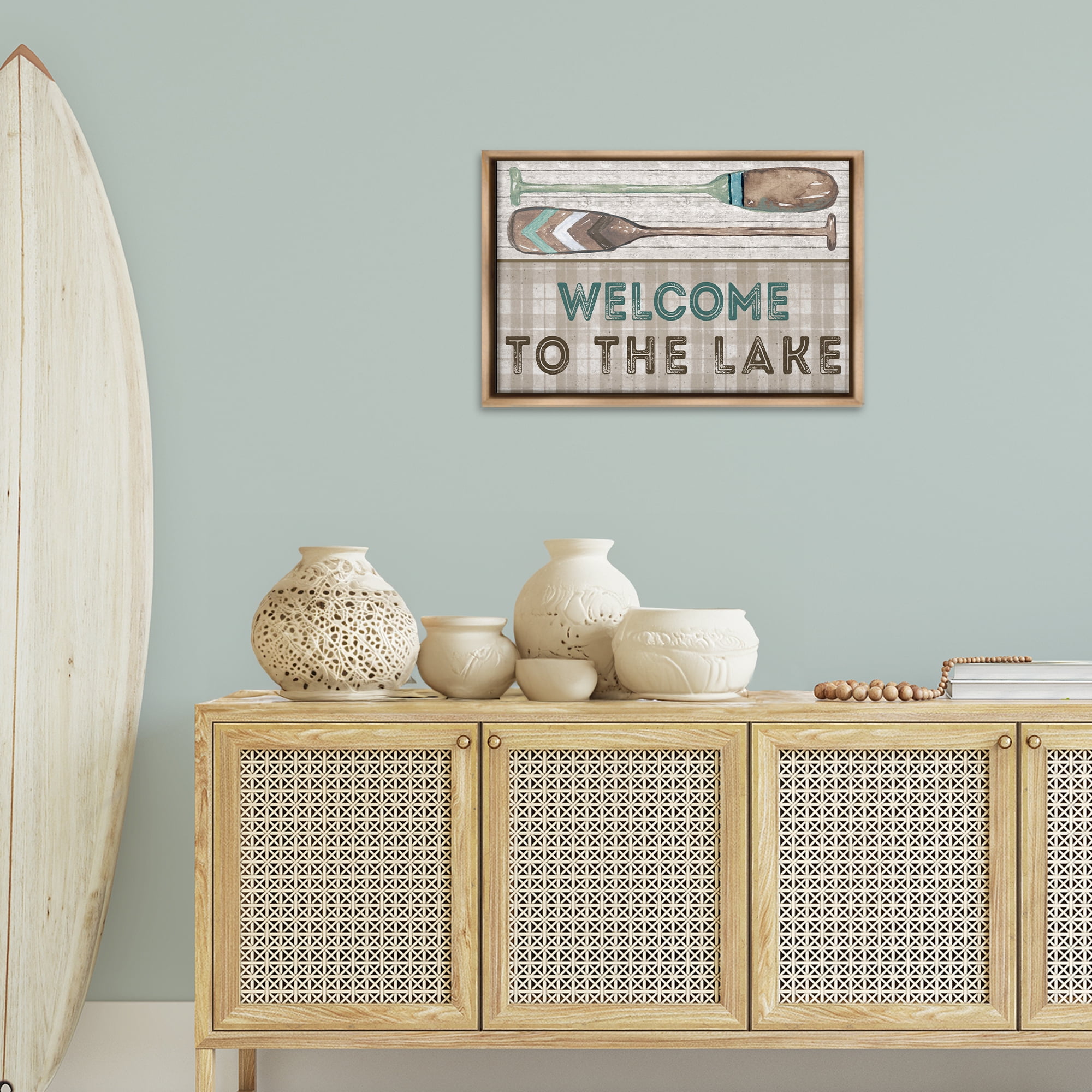 Stupell Industries Rustic Welcome Lake Oars Typography Painting Brown Floater Framed Canvas Art Print Wall Art, 25 x 17