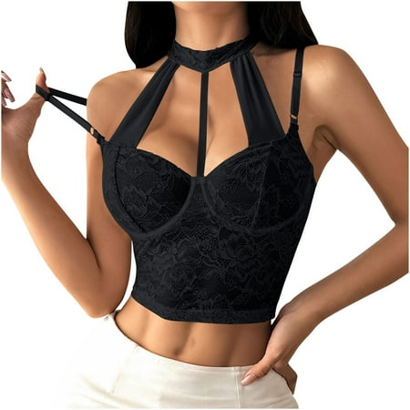 Oplxuo Sexy Corset Tops for Women Floral Lace Sheer Mesh Halter Strappy Cropped Vest Going Out Party Club Shirts