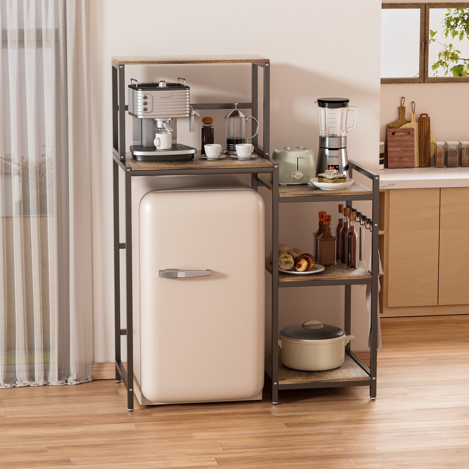 ziertyon Mini Fridge Stand with Storage Shelves, 5-Tier Kitchen Bakers Rack, Space Saving Mini Fridge Cabinet, Adjustable Left/Right Organizer with Power Outlet, Black