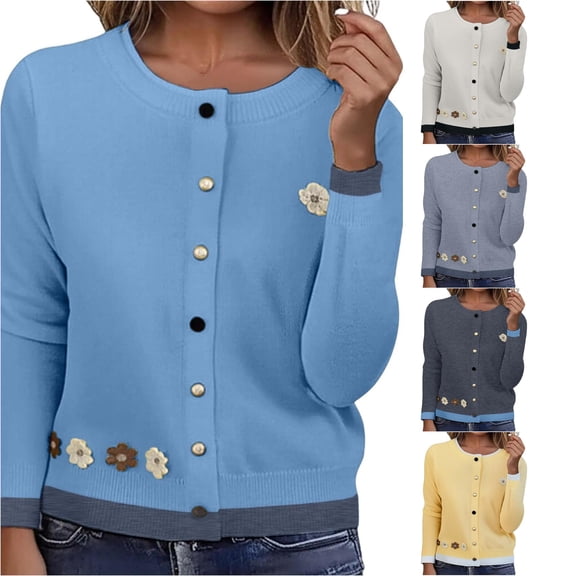 Xiaoxatg Floral Heart Buttons Knitted Cardigan with Short Sleeves Round Neck Cropped Lightweight Outerwear for Autumn Fashion and Daily Wear Blue One Size