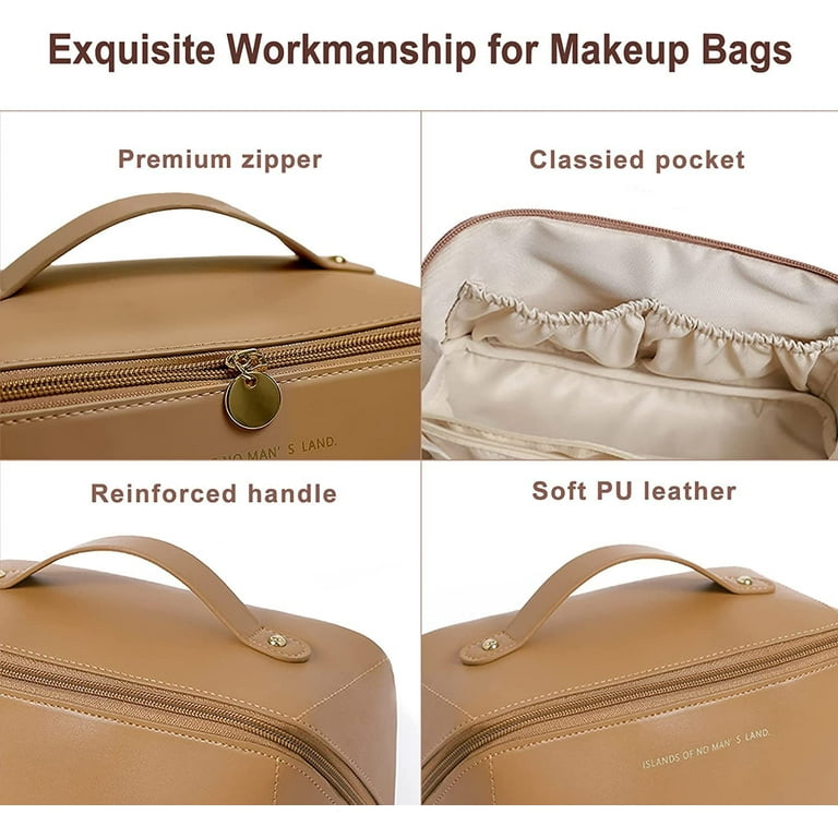 WERLFQFL Travel Makeup Bag For Women Large Capacity Checkered Cosmetic Bags  Ladies Black Plaid Lay Flat Makeup Organizer Waterproof PU Leather