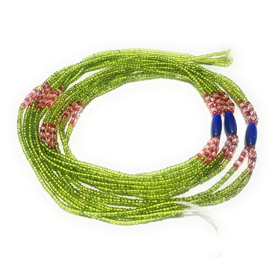 Multi-Strand 3-in-1 African Waist Beads Tie-On Strand, 42 Inches of Beads, Shiny Green Glass Belly Beads with Dark Blue Oval Accents