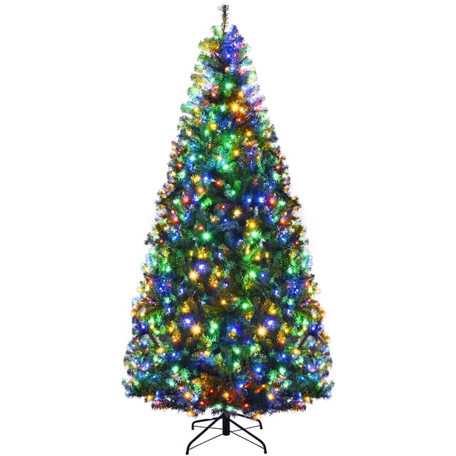 Goplus 7FT Pre-Lit Artificial Christmas Tree Auto-Spread/Close up Branches 11 Flash Modes with Multicolored LED Lights & Metal Stand