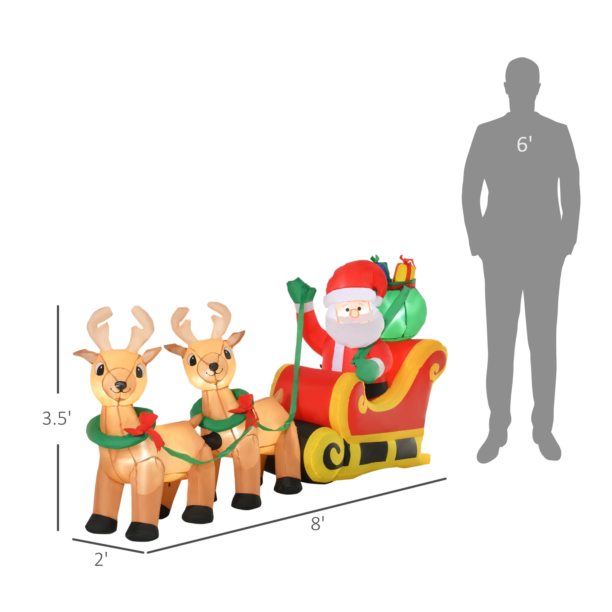Inflatable Santa Claus with Sleigh and Reindeer Yard Decoration with LED Lights, Red/Yellow, 94.5 x 22.5 x 44 in